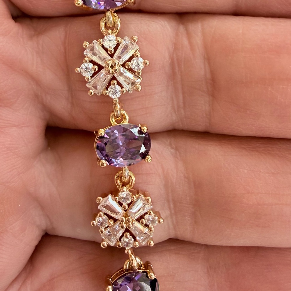 Elegant bracelet-18K real gold plated oval purple crystals,clear CZ snowflakes.